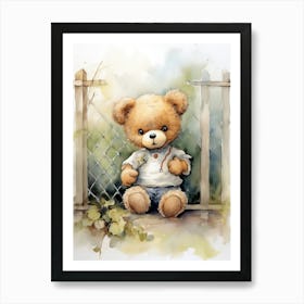 Fencing Teddy Bear Painting Watercolour 2 Art Print