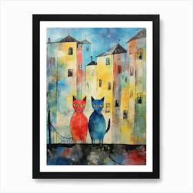 Two Cats Watercolour Style In Front Of An Old Town Art Print