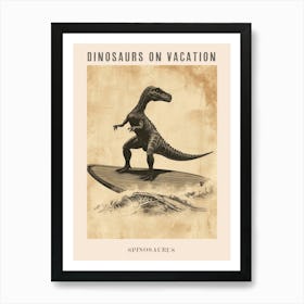 Vintage Spinosaurus Dinosaur On A Surf Board 2 Poster Art Print