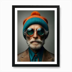 Portrait Of An cool Old Man with beanie and sunglasses Art Print