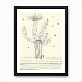 Blossoming Cactus - pencil graphite detailed drawing Art Print