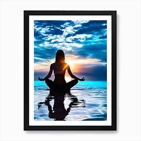 Yoga Lotus Pose Zen Blue With Water Reflection Art Print
