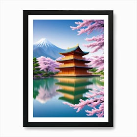 Pink Cherry Blossoms Mount Fuji Japan Beautiful Lake Landscape 1 Art Print