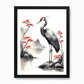 Shuimo Hua,Black And Red Ink, A Crane In Chinese Style (26) Art Print