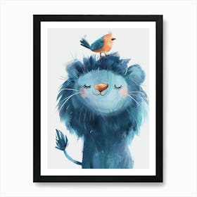 Small Joyful Lion With A Bird On Its Head 18 Art Print