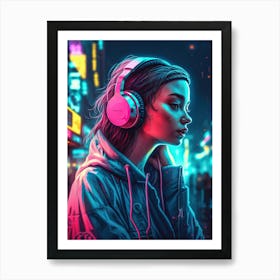 Neon Girl In Headphones 1 Art Print