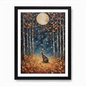 Cottagecore Hare in Autumn Forest - Acrylic Paint Little Fall Rabbit Bunny Bunnies Art with Falling Leaves at Night on a Full Moon, Perfect for Witchcore Cottage Core Pagan Tarot Celestial Zodiac Gallery Feature Wall Beautiful Woodland Creatures Series HD Art Print