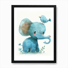 Small Joyful Elephant With A Bird On Its Head 7 Art Print