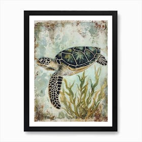 Vintage Sea Turtle In The Seaweed 1 Art Print