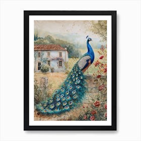 Peacock By The Castle Watercolour 1 Art Print