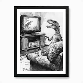 Dinosaur Watching Tv Black Sketch Illustration Art Print