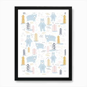 Happy Blue Bears In A Snowy Forest Kids Art Print