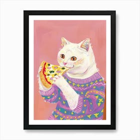 Cute White Cat Eating Pizza Folk Illustration 2 Art Print