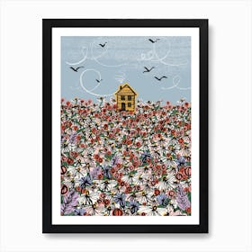 Log Cabin Wildflower Meadow Art Print