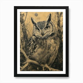 Collared Scops Owl Relief Illustration 1 Art Print