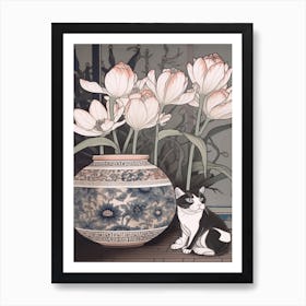 Drawing Of A Still Life Of Lotus With A Cat 1 Art Print