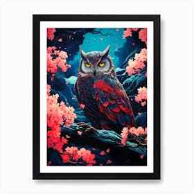 Owl In Cherry Blossoms Art Print