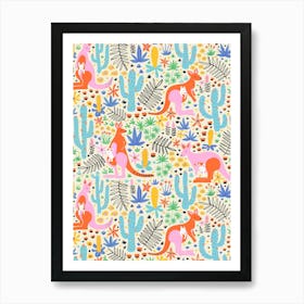 Multicolor Rainbow Kangaroos in a Cactus Jungle Kids Art Print