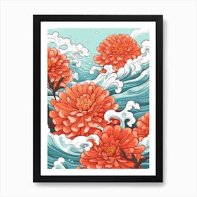 Great Wave With Zinnia Flower Drawing In The Style Of Ukiyo E 1 Art Print