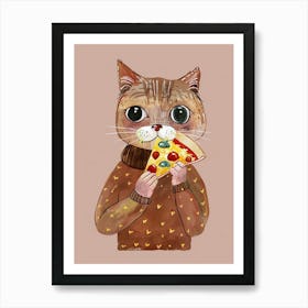 Brown Cat Pizza Lover Folk Illustration 6 Art Print