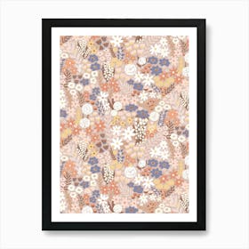 Flower Meadow Garden Blue Peach Mauve Yellow Art Print