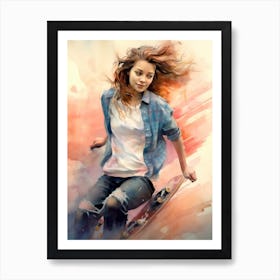 Girl Skateboarding In Austin, United States Watercolour 1 Art Print