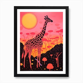 Giraffe At Sunset Pink & Orange 2 Art Print