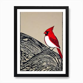 Cardinal Linocut Bird Art Print