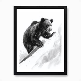 Malayan Sun Bear Cub Sledding Down A Snowy Hill Ink Illustration 1 Art Print