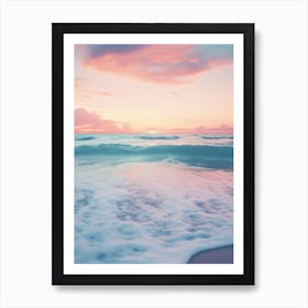 A Blue Ocean And Beach At Sunset With Waves Pink Photography 3 Art Print