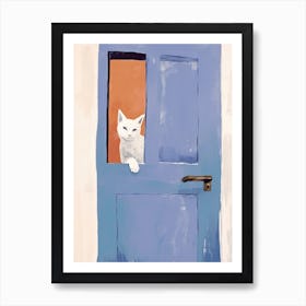 Cat Peeking Out Of Blue Door Art Print