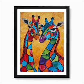 Two Giraffes Colourful Oil Painting Inspired 2 Art Print