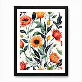 Seamless Pattern With Orange Flowers 2 Art Print