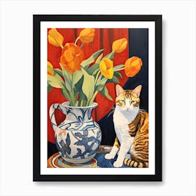 Daffodil Flower Vase And A Cat, A Painting In The Style Of Matisse 2 Art Print