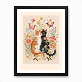 Folksy Floral Animal Drawing Cat 7 Poster Art Print