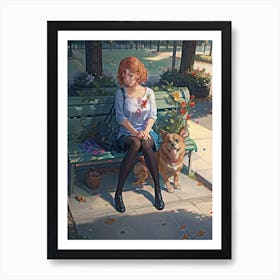 Girl And A Dog in Park Art Paint Art Print