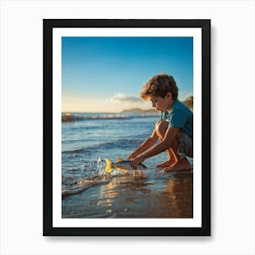 A Young Person Engaging In Play With A Fish Near The Waters Edge On A Sandy Beach Golden Hour Ligh (4) Art Print