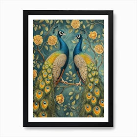 Two Peacocks Floral Wallpaper 3 Art Print