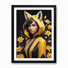 Low Poly Floral Fox Girl, Black And Yellow (4) Art Print