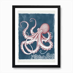 Linocut Inspired Navy Red Octopus With Coral 8 Art Print