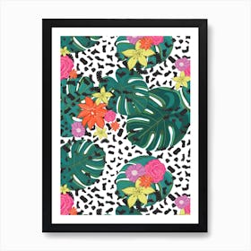 Shining Leopard Detailed Colorful Happy Tropical Flowers Vibrant Pattern Art Print