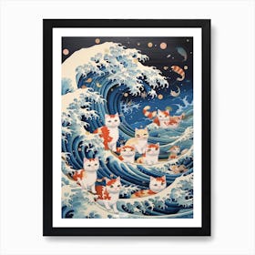 The Great Wave Off Kanagawa White Tan Cats Kitsch Art Print