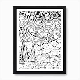 Line Art Inspired By The Starry Night 4 Art Print