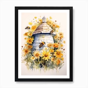 Beehive With Daisies Watercolour Illustration 1 Art Print