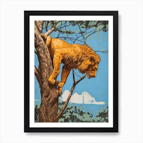 African Lion Relief Illustration Climbing A Tree 3 Art Print