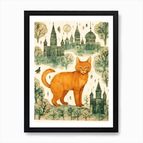 Ginger Cat With Castles & Trees Art Print