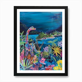 Dinosaur By The Ocean Colourful Painting Art Print
