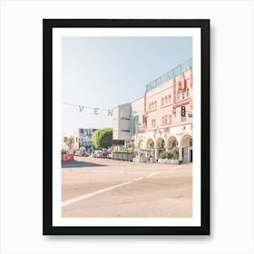 Los Angeles, USA I Venice sign at sunrise at Venice beach in pastel pink summer colors aesthetic photography with West coast Pacific coastal seaside architecture and a boho vibes retro vintage ambience Art Print