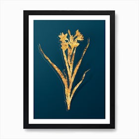 Vintage Sword Lily Botanical in Gold on Teal Blue n.0075 Art Print