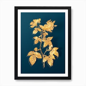 Vintage Red Bramble Leaved Rose Botanical in Gold on Teal Blue n.0158 Art Print